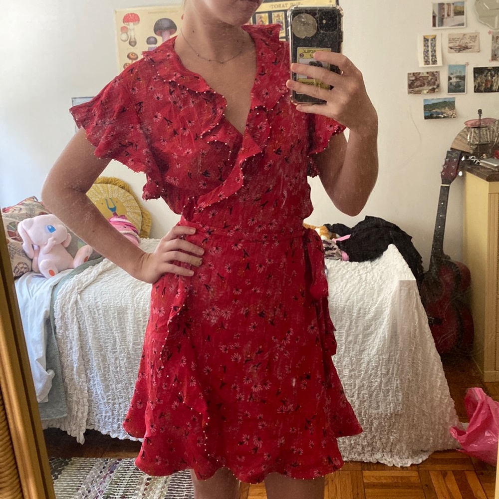Tara Jarmon Red floral Wrap Dress with pearl details